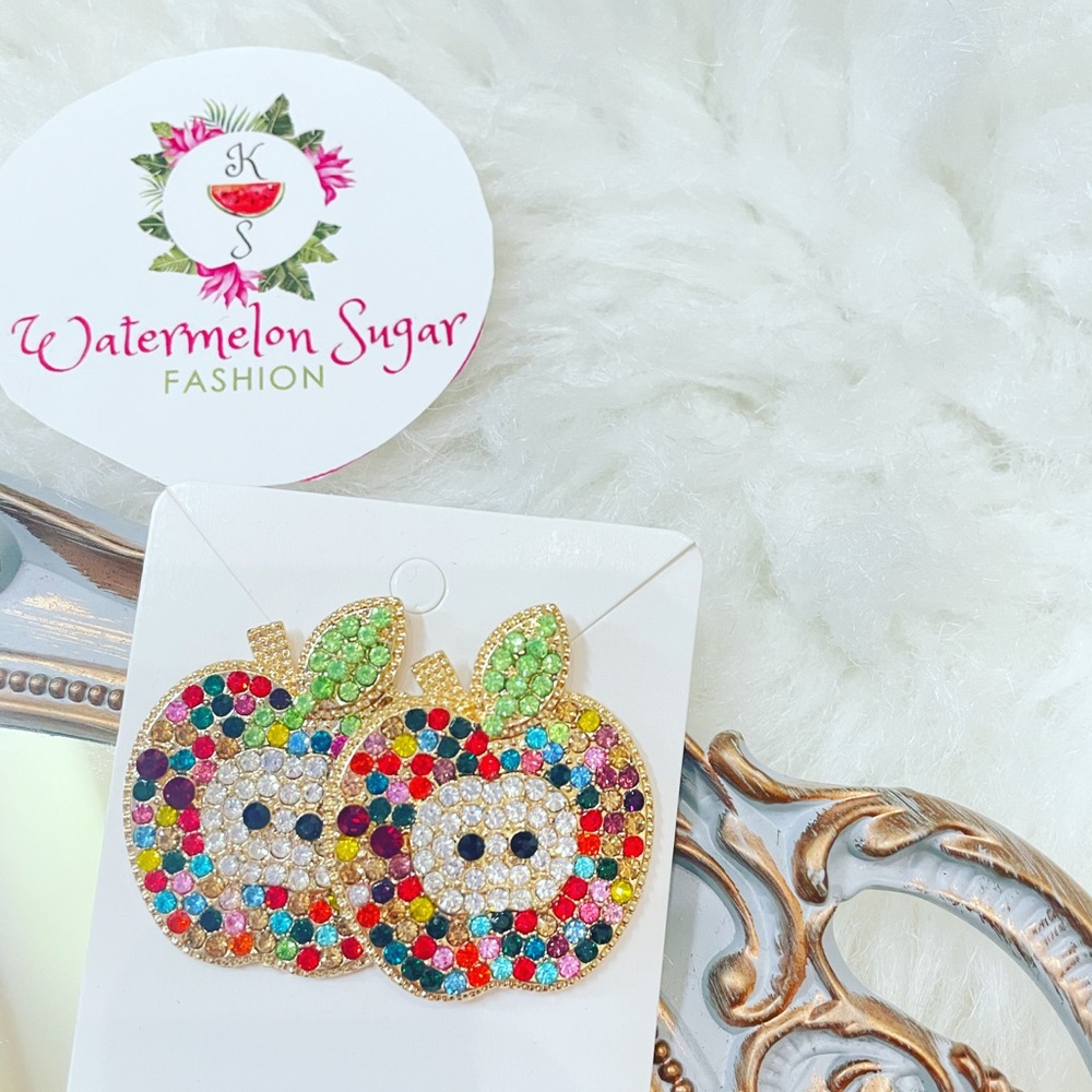 Colorful Apple Rhinestone Earrings - Picture 1 of 5